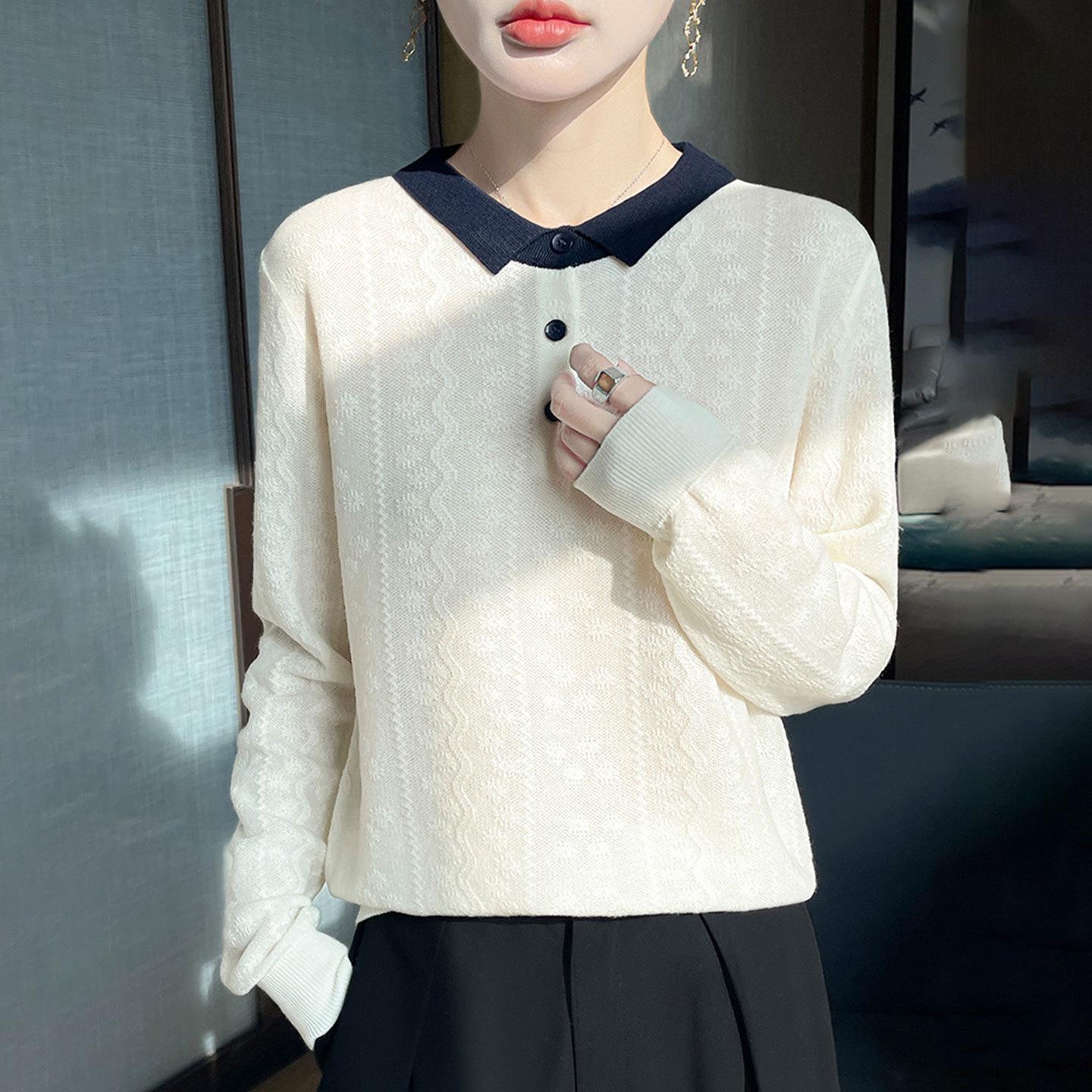 

Новый свитер жаккардовой вязки с отложным воротником в стиле колор-блок - Женский свободный стильный базовый для осени и весны S грязно-белый