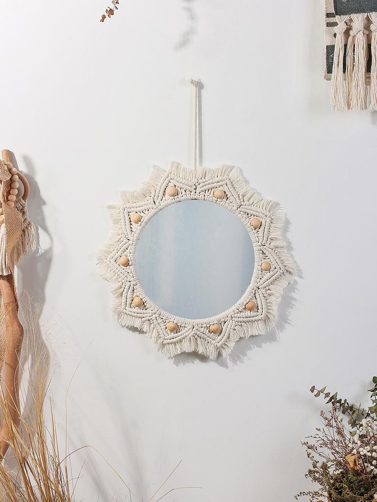 Nordic Room Dekorativní zrcadla Boho Macrame Kulaté Kosmetické zrcadlo Pokoj Nástěnné Zrcadlo Tkané Macrame Řemesla Home Dekor Nástěnná dekorace