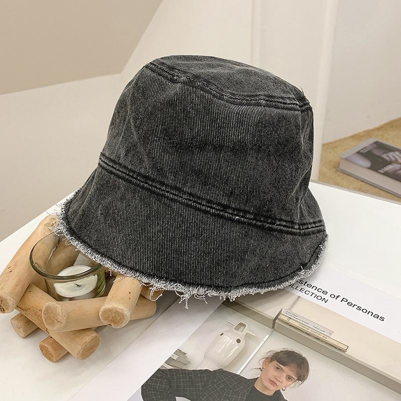 

Retro Solid Color Denim Bucket Hat for Women Washed Cotton Wide Brim Folding Fisherman Cap Korean Summer Sunshade Bob Basin Hats 56-58CM чорний