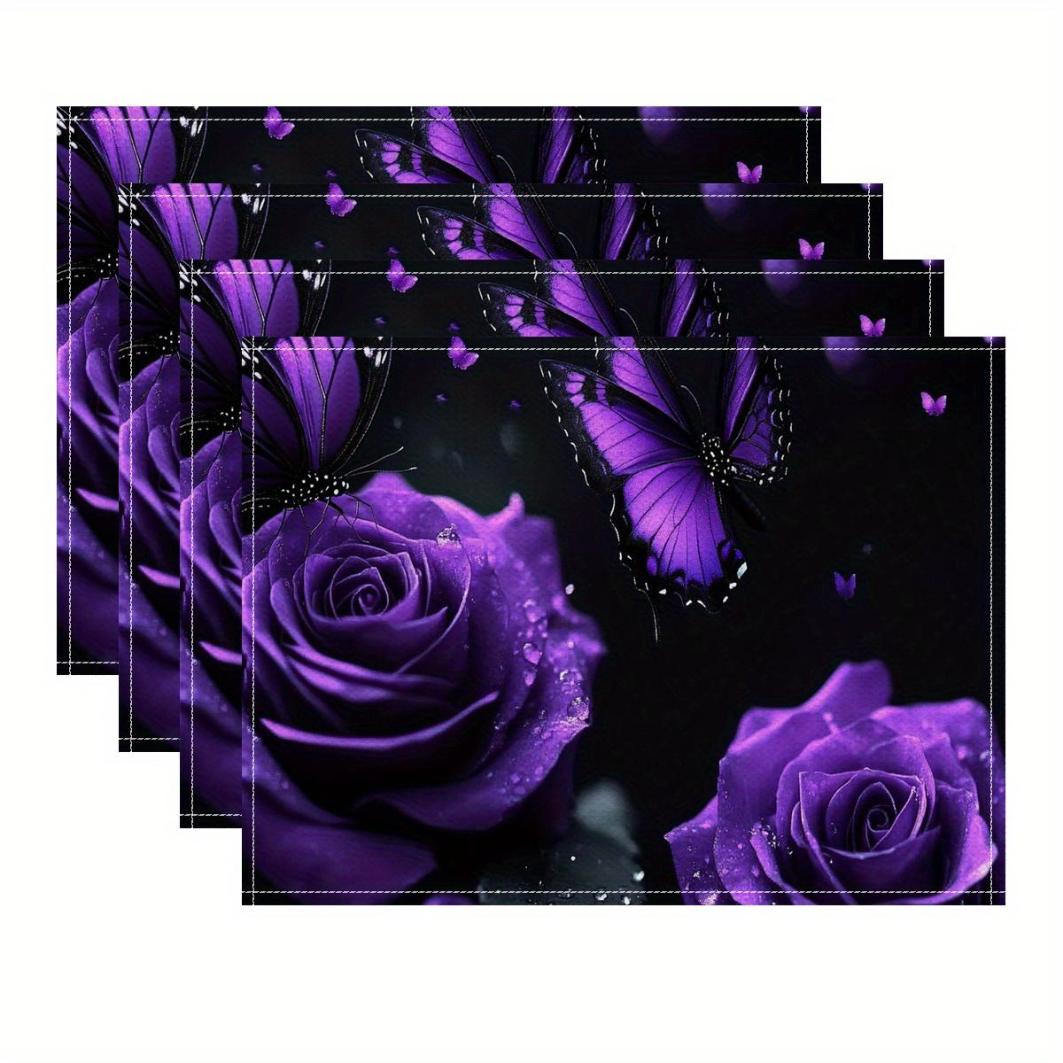 4pcs Square Placemats Purple roses, butterflies,Dark, romantic themed Durable Table Decoration Mats with Coffee Table Pad and Bowl Plate Mat Functions 1pcs-12x18inch