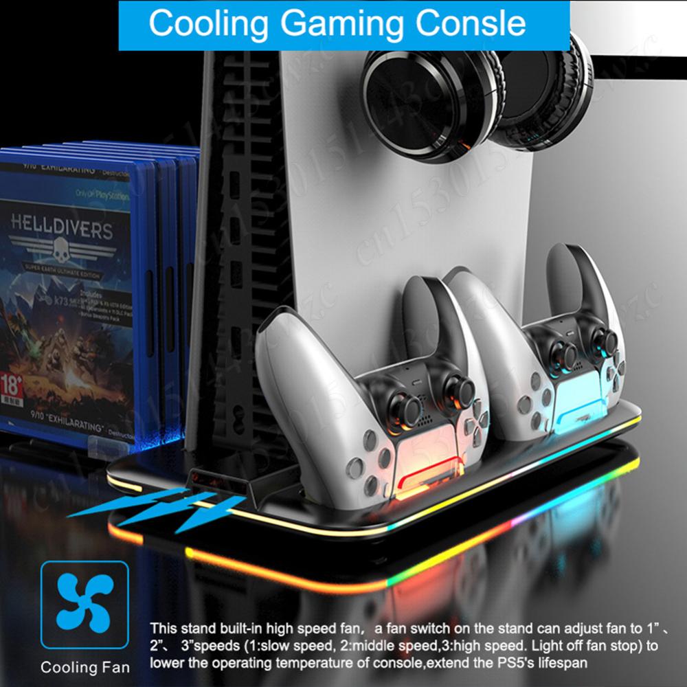 Vertical Cooling Stand For PS5 Gamepad Desk Support Game Helmet Rack with RGB Light Controller Charger Stand for PS VR2 PS5