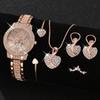 6 peças/conjunto de relógios femininos, relógio de quartzo de luxo com strass, relógio analógico romano da moda e conjunto de joias, presente para a mãe e para ela