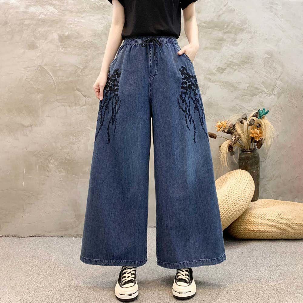

Женские литературные ретро вышитые джинсовые брюки с широкими штанинами весна-осень больших размеров свободные универсальные стройнящие мешковатые длинные брюки 3XL