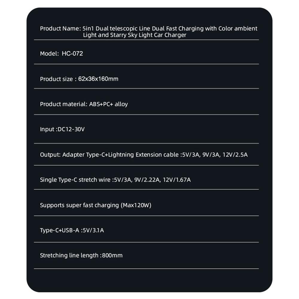 5 In 1 Total Power 180W Car Fast Charger with Retractable Cable USB Type-C Power Adapter with Color Ambient Light and Starry Sky Light for IOS Android