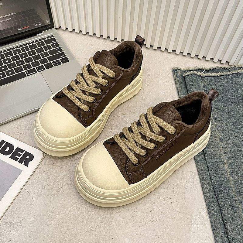 Ugly Cute Bread Shoes Women's New Little White Shoes In Autumn and Winter 2025 Heightened Thick-soled Velvet Casual Sports Board Shoes