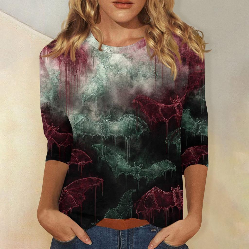 Women's Fashion Casual Round Neck 3/4 Sleeve Loose  Printed T-Shirt Ladies Top