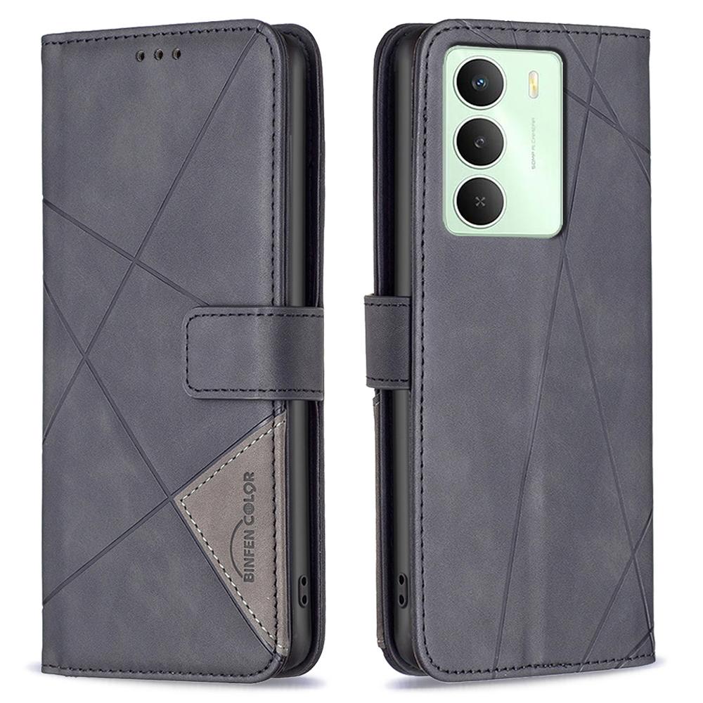 BINFEN COLOR For Realme 14x 5G Phone Case Wallet Stand Geometry Imprinted Leather Cover