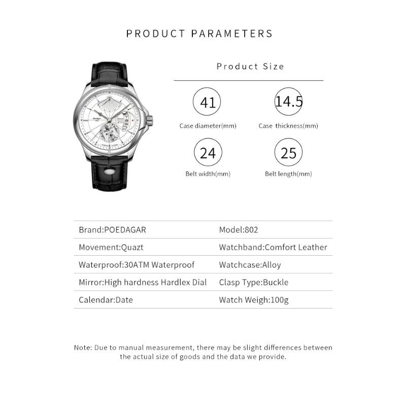 POEDAGAR Men Watch Fashion Top Luxury Sport Wristwatch Waterproof Luminous Leather Date Quartz Man Watches + Box