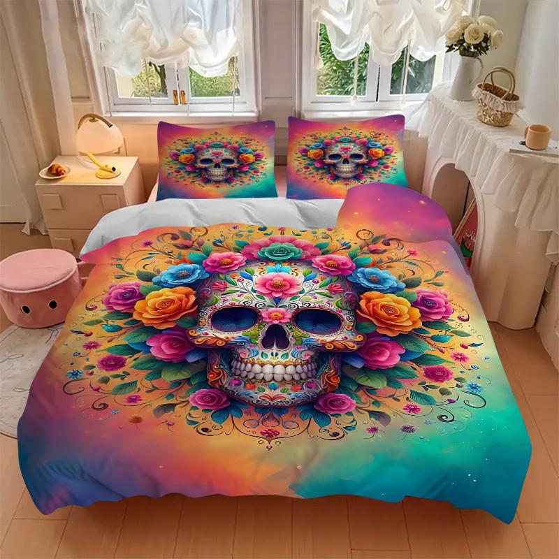 3PCs Sugar Skull Artwork Design Cover Set, Breathable Fabric, Machine Washable (1 Duvet Cover + 2 Pillowcases) (Without Quilt) Yy250911079