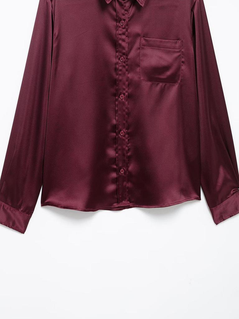 TAOP&ZA Women's Spring/Summer Elegant Solid Silk Satin Slim Fit Shirt