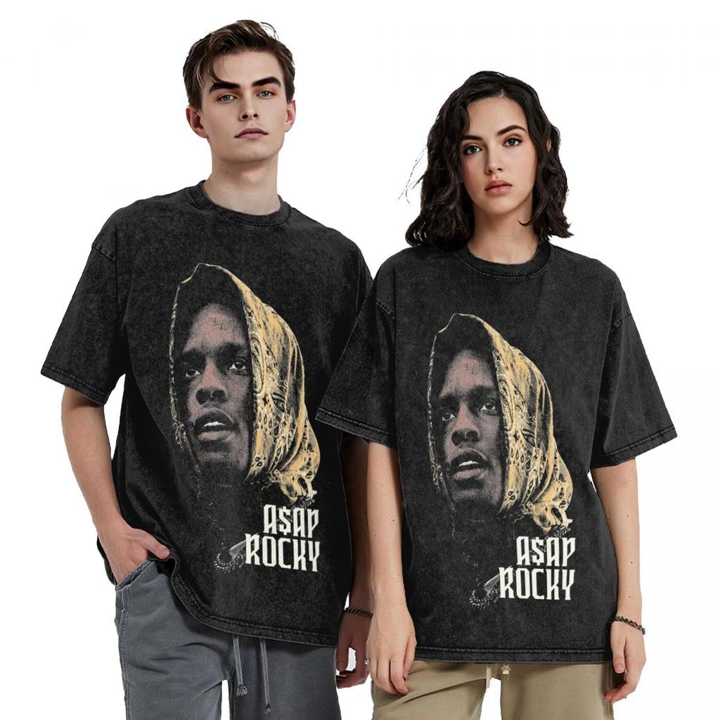 AsAP Rockys Hip Hop Rapper Head T Shirt Hip Hop Washed Short Sleeve Harajuku T-Shirts Novelty for Men Women Streetwear Tee Shirt