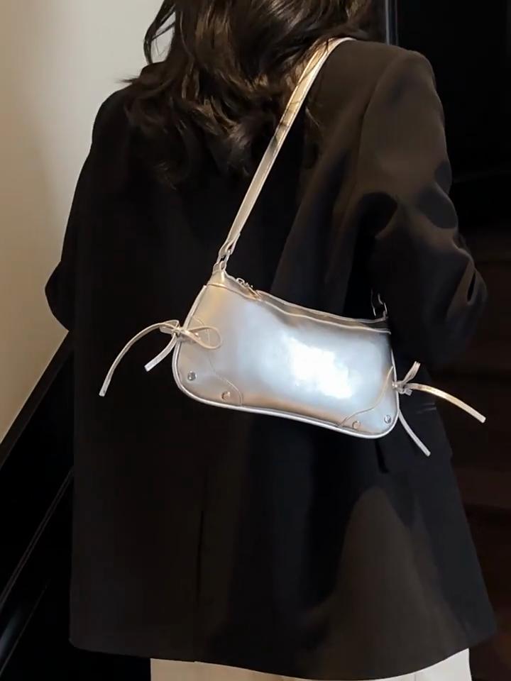 Vintage Bow Tie Decor Solid Color Underarm Shoulder Bag Fashion PU Leather Adjustable Strap Zipper Crossbody Bag For Dates Outing Parties CLE