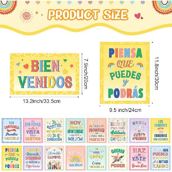 Outus 17 Pcs Spanish pirational Posters Bienvenidos Posters Motivational Decor Spanish Bulletin Board Hispanic Heritage Month Banners for Primary