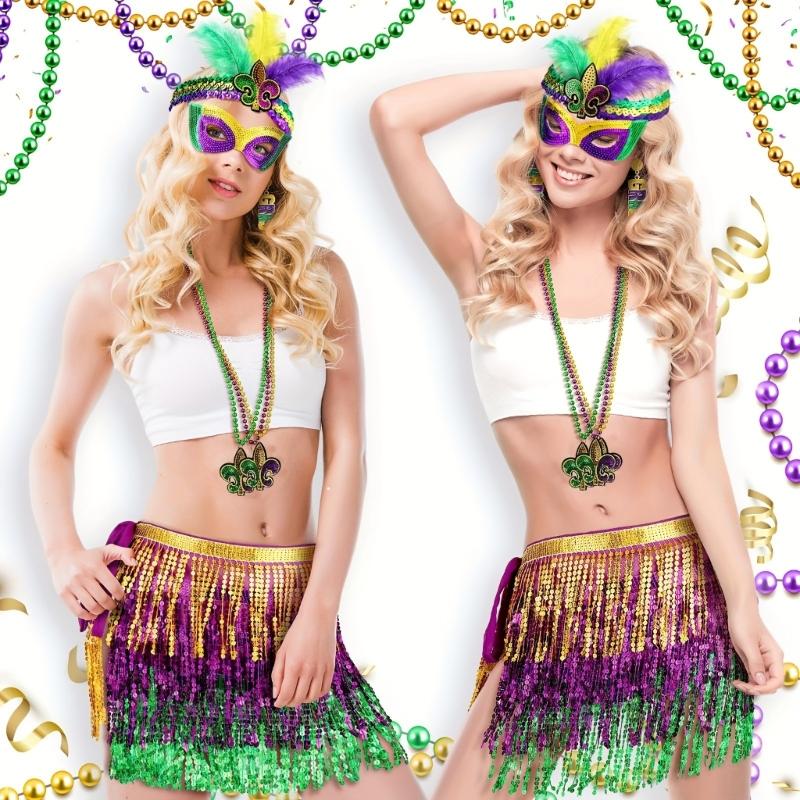 Mardi Gras Costume Tricolor Eyemask Beaded Necklace Feather Headband for Event Parties Favors Carnivals Party Supplies