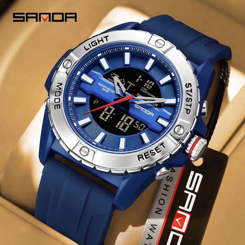 SANDA Multifunctional Outdoor Waterproof Watch with Three-Time Zone and Calendar Features for Students