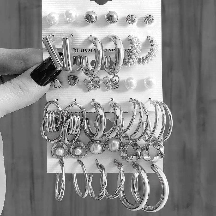 European and American Geometric Metal Hoop Earrings Set