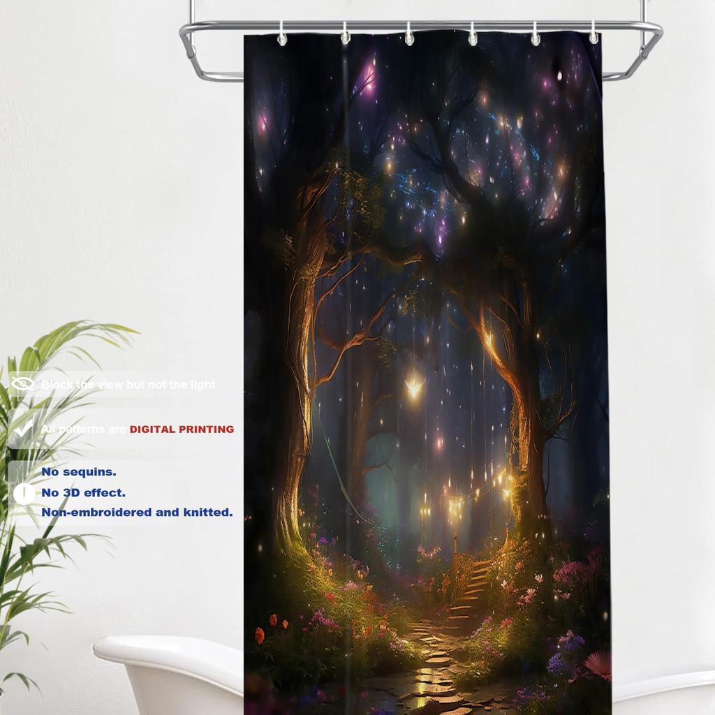Fantasy Forest Night Scene Waterproof Fabric Shower Curtain With Hooks Starry Sky Glowing Path Floral Scenery Bathroom Decor