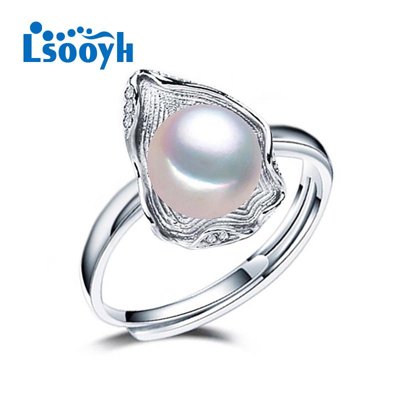 

LSOOYH Shell Design 8-9 мм Натуральный пресноводный жемчуг Серебряный цвет Регулируемое отверстие кольца белый