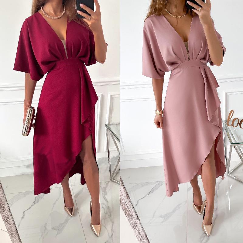 2026 European & American Casual V-Neck Irregular Evening Dress for Women