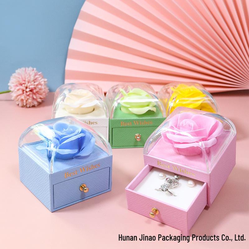 Macaron Color Jewelry Box with Soap Flower and Drawer - Holds Rings, Stud Earrings, and Necklace Pendants.