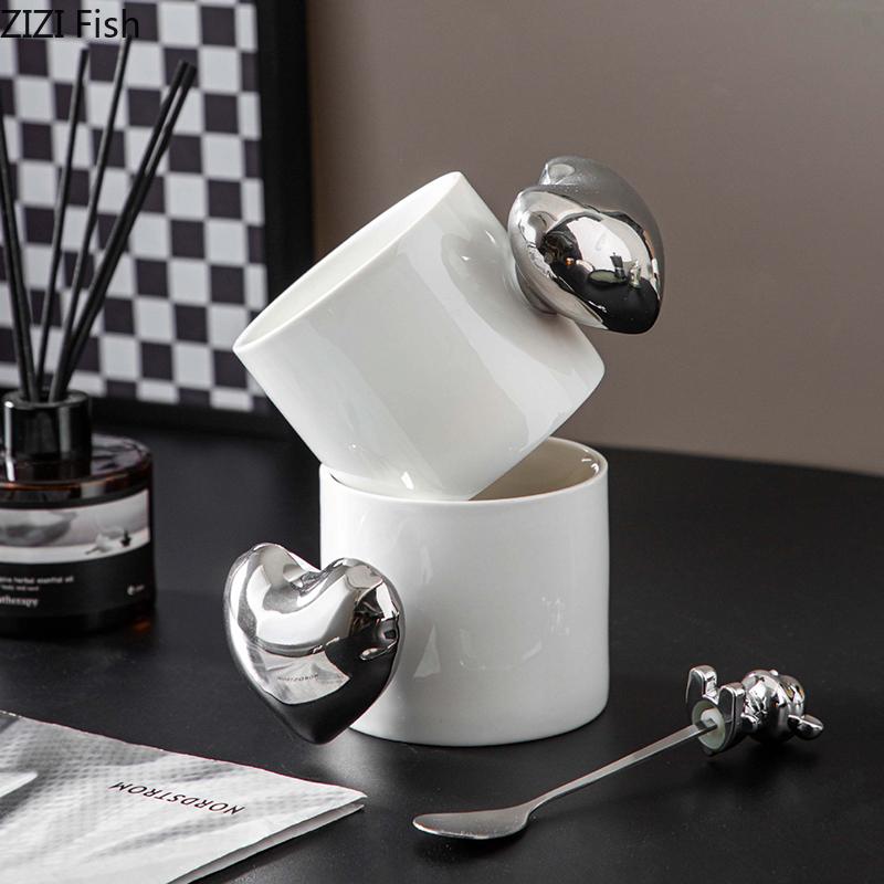 Creative Silver Heart Handle Mug Ceramic Cups Dining Table Coffee Mugs Afternoon Tea Teacup Water Cup Fruits Juice Container