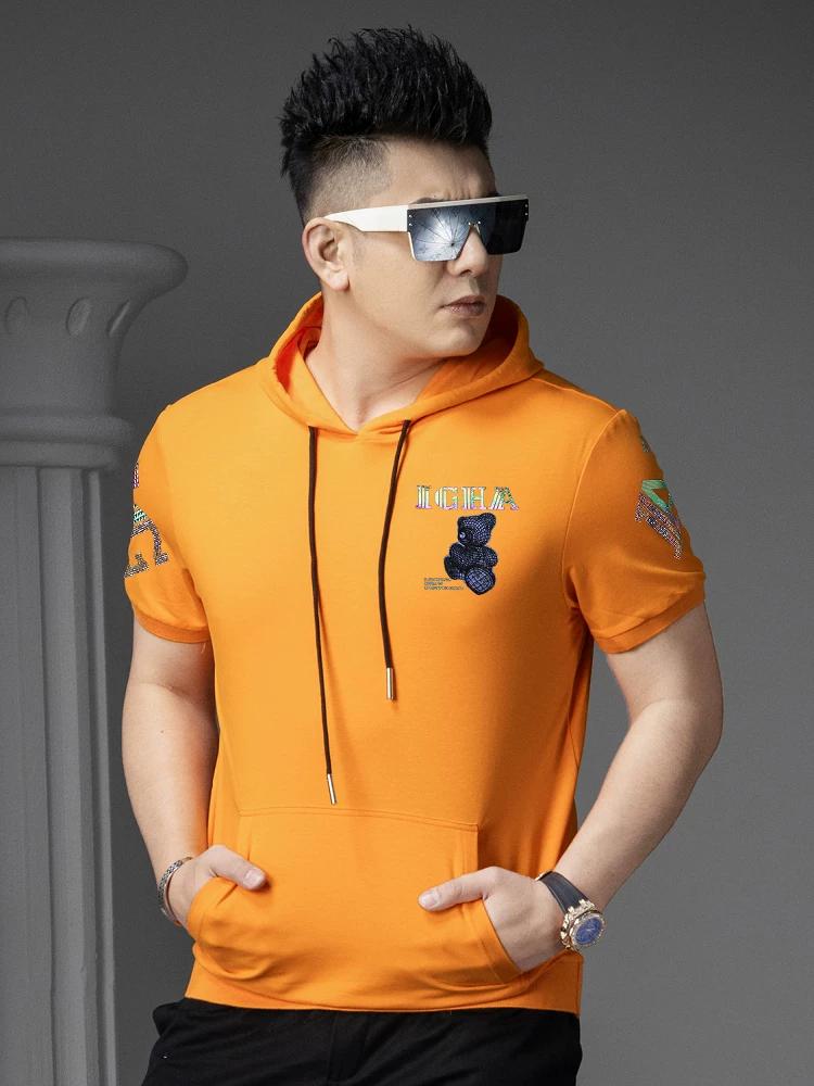 European Station 2025 Summer New Bear Print Hooded Short-Sleeve Sweatshirt Men's Half-Sleeve T-Shirt Trendy Brand Top for Men