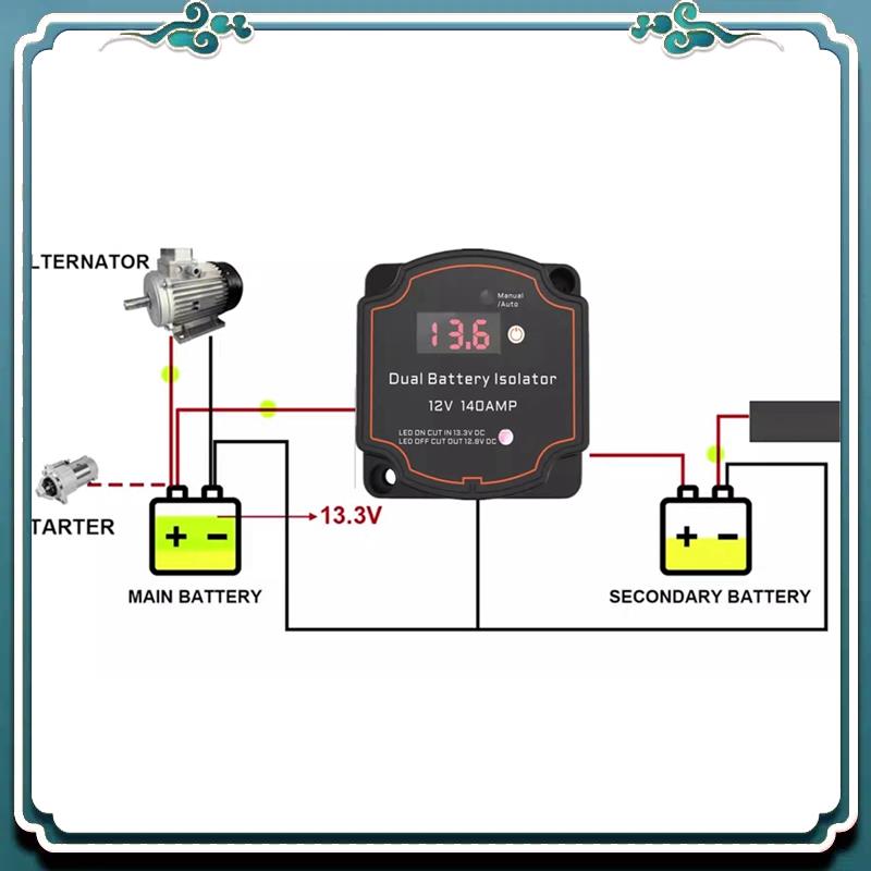 

ABTU-Розумний подвійний ізолятор акумулятора 12В 140А Цифрове реле, чутливе до напруги VSR, роздільне заряджання для кемперів, автомобілів, будинків на колесах, морських суден, вантажівок