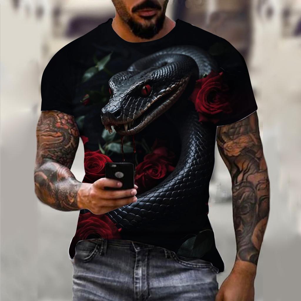 3D Printing 2025 New Year Snake Year Fierce Men's Casual Short Sleeve T-shirt Comfortable Breathable Retro Printed Short Sleeve