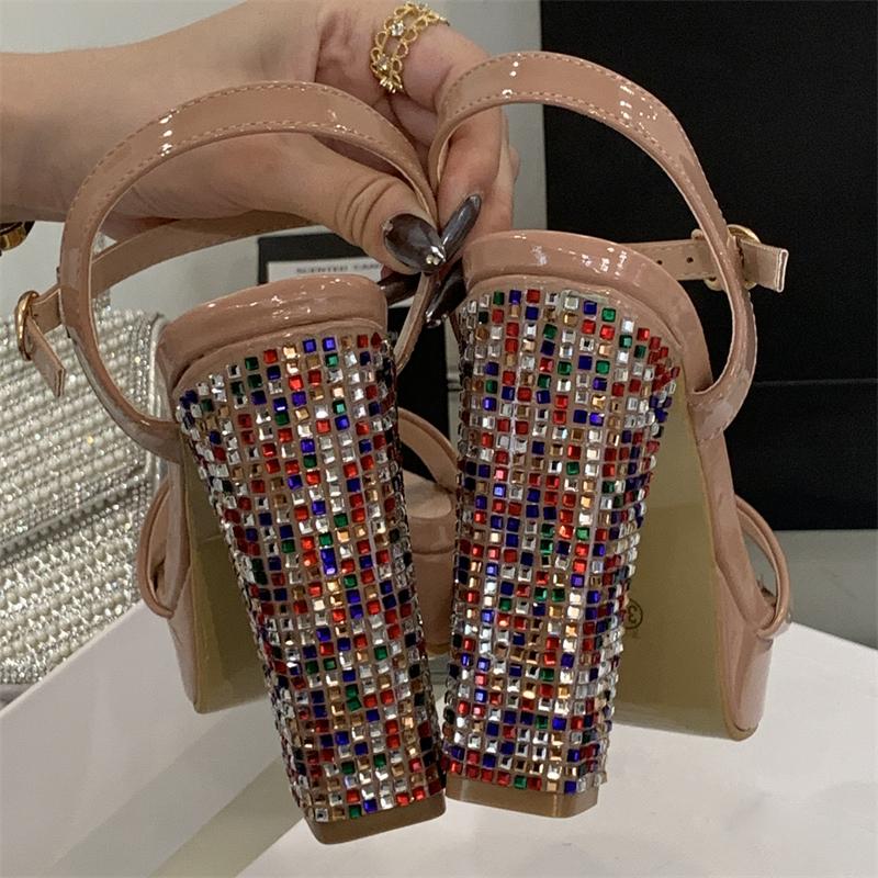 Eilyken Summer Gladiator Square Toe CRYSTAL High Heels Women Sandals Platform Buckle Strap Party Dress Female Shoes