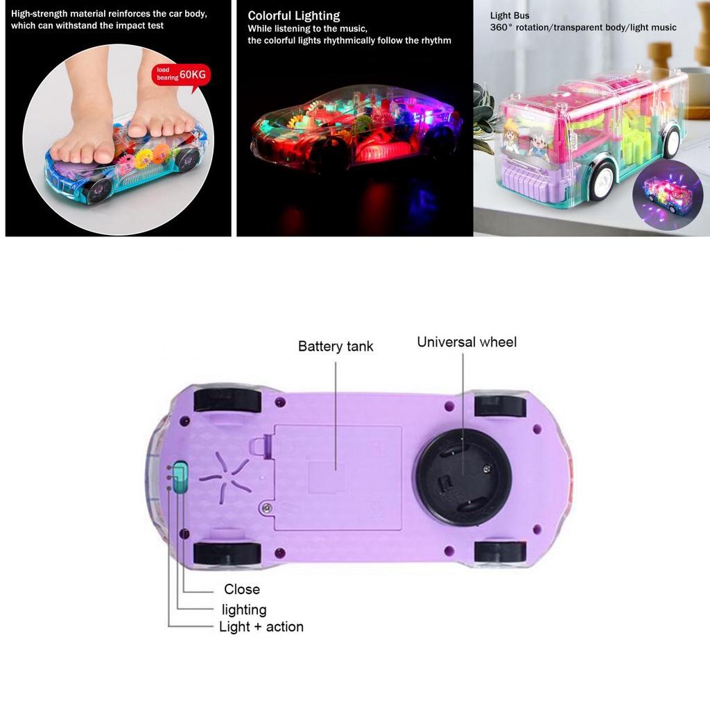 Electric Transparent Gear Led Light Music Car Model For Kids' Educational Toy Gift