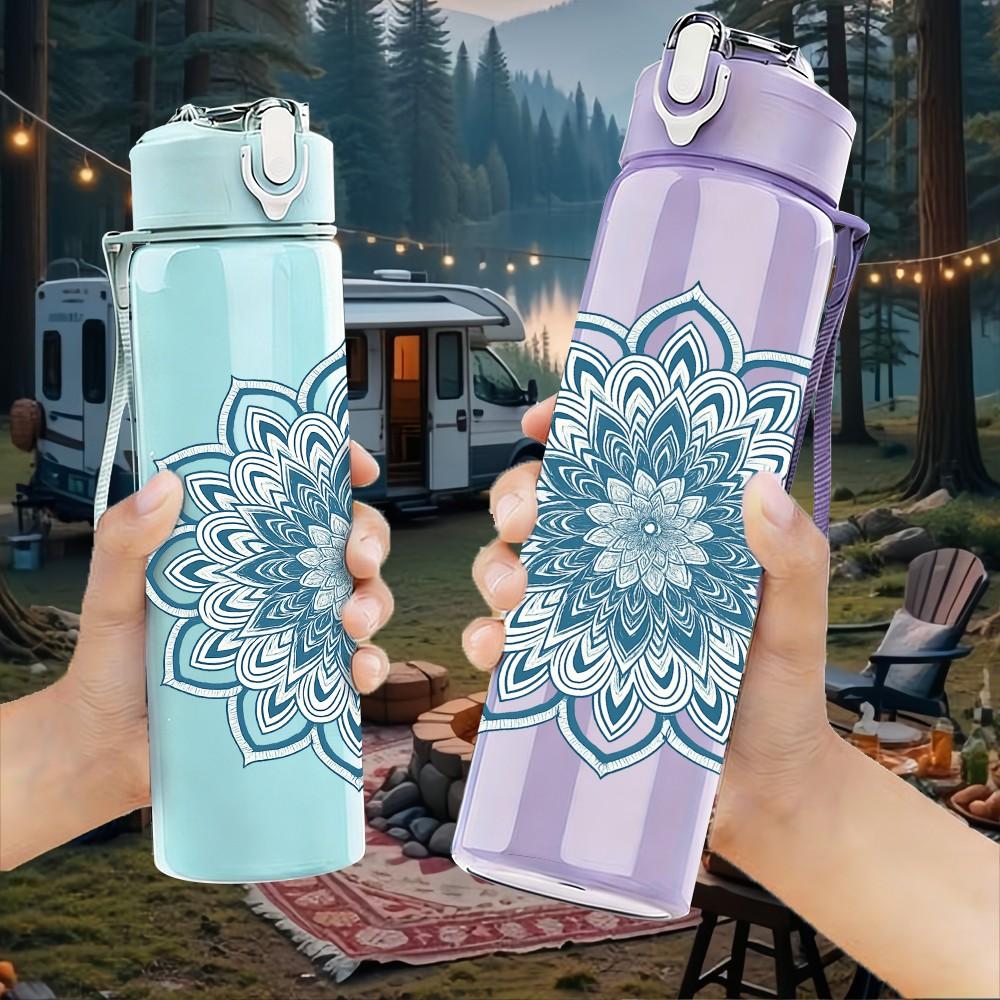 1PC Blue Mandala Pattern 750ml Color Plastic Sports Water Bottle Leakproof Flip Straw Lid Suitable for Sports Office Home Use