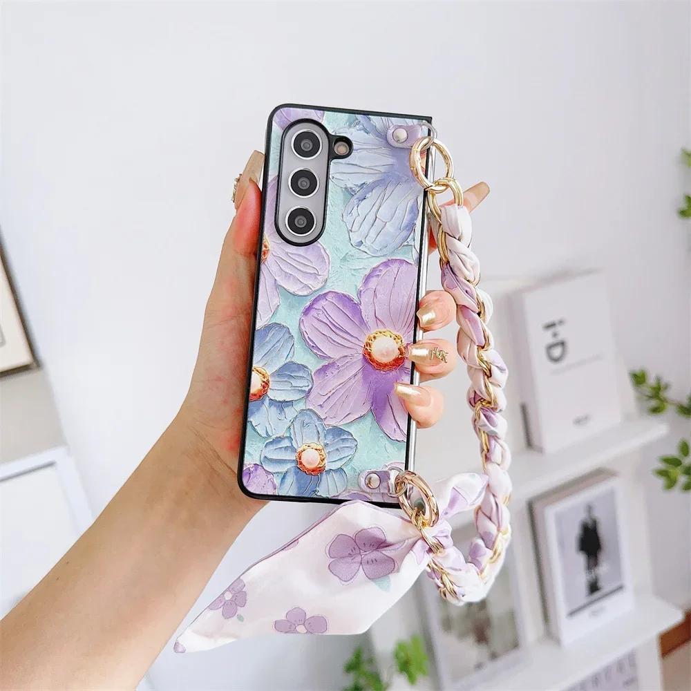 Sevimli Lale PU Deri Kılıf Eşarplı Çanta Tarzı Zincir Bileklik Kayışı Samsung Galaxy Z Fold 7 6 5 4 3 5G İçin Sert PC Telefon Kılıfı