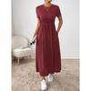 Crew Neck Solid Color Dress - Short Sleeve Drawstring Waist Side Pocket Shift Dress, Casual Breathable Cotton Tunic, Minimalist Everyday Outfit