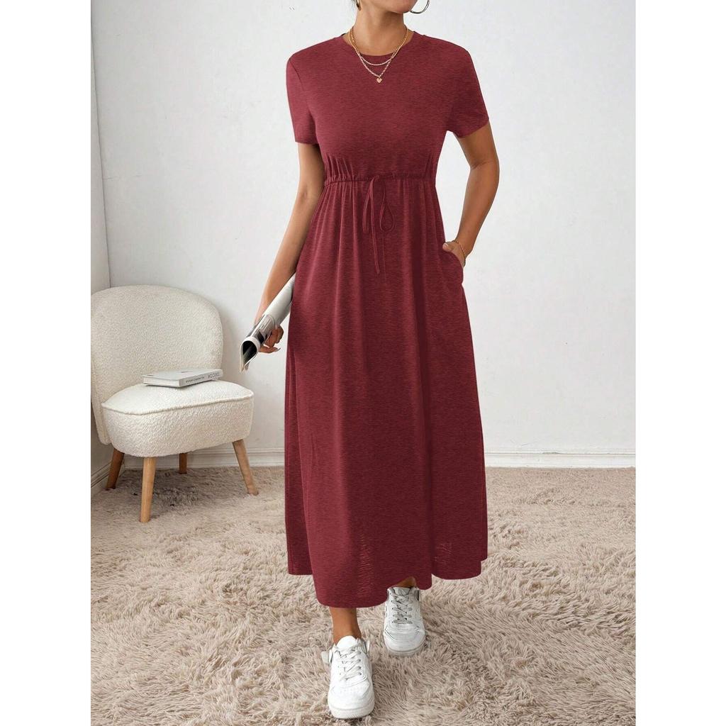 Crew Neck Solid Color Dress - Short Sleeve Drawstring Waist Side Pocket Shift Dress, Casual Breathable Cotton Tunic, Minimalist Everyday Outfit
