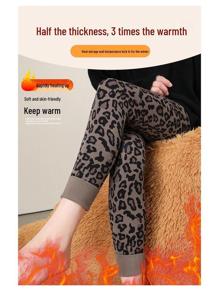 Leggings med hög midja och leopardmönster: Dambyxor för höst/vinter, smalnar av, kontrollerar magen, lyfter rumpan, med plus sammet, för yoga.