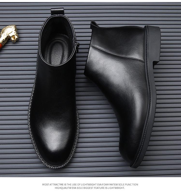 Men's British Style Genuine Leather Chelsea Boots - Autumn/Winter Mid-Cut, Plus Velvet, Warm, Trendy, High-Top, All-Match.