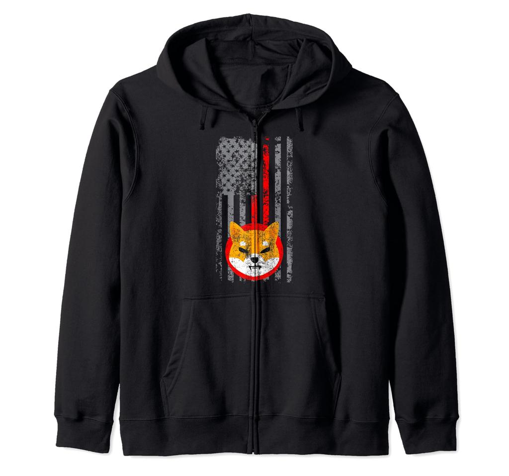 Shiba Inu USA Flag Distressed Digital Currency HODL Lover Zip Hoodie