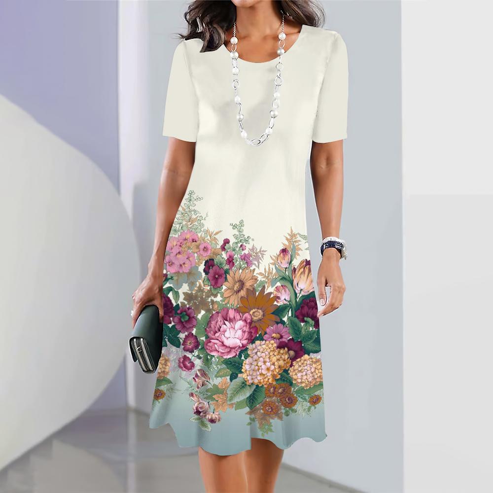 Sommerkleider mit kurzen Ärmeln, edles Damenkleid, lockerer A-Linienrock, Farbkonflikt-Druck, Damenkleidung, lässiger Pullover mit rundem Kragen