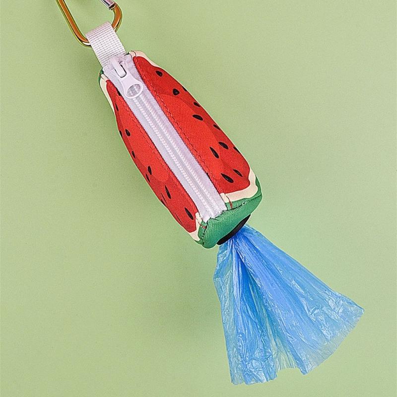 Zippered Dog Poop Bag Dispenser Hangable Dog Poop Bag Holder Outdoor Pet Walking Gear Fruit Print Pet Waste Bag Holder