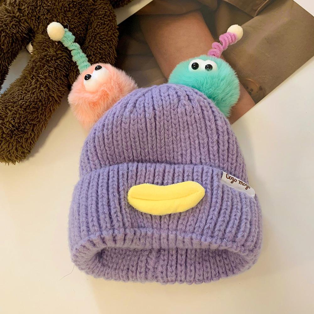 

Cartoon Sausage Mouth Woolen Hat for Women in Autumn and Winter Warm and Cute Big Head Circumference Knitted Ear Protection Hat Trendy M（56-58cm）