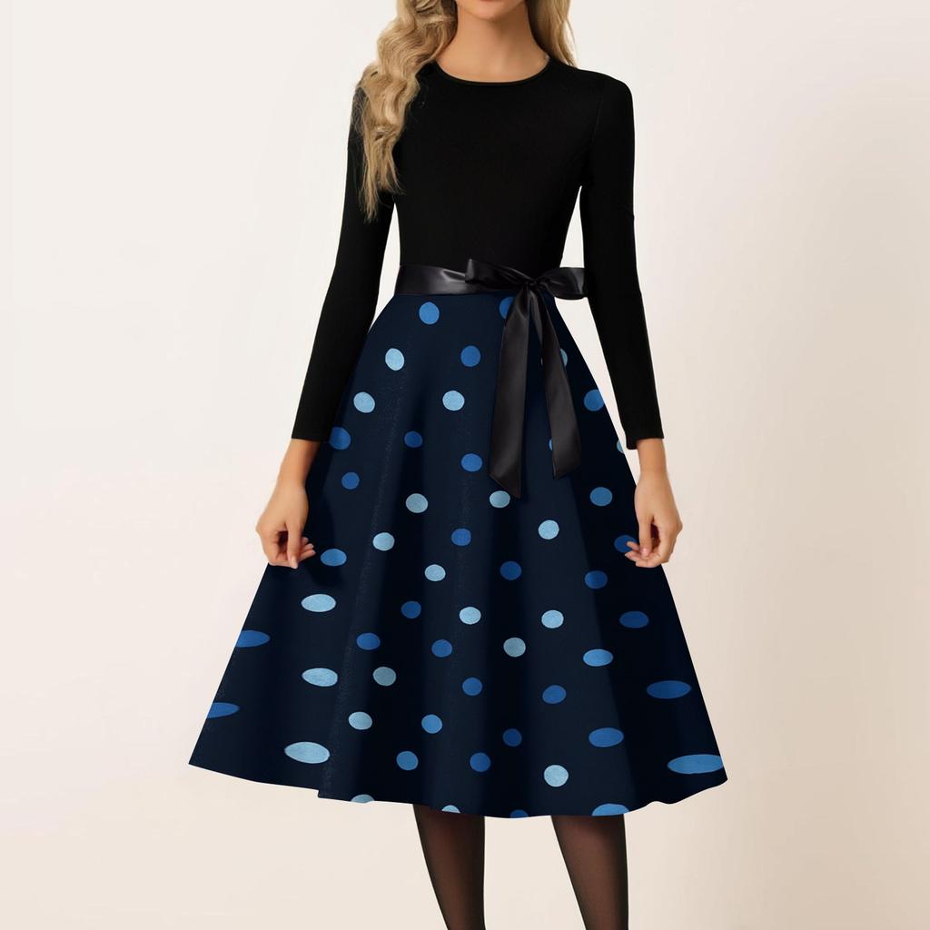 Women’s Casual Long Sleeve Crew Neck Polka Dot Print Vintage Midi Dress with Waist Belt for Everyday and Party Wear