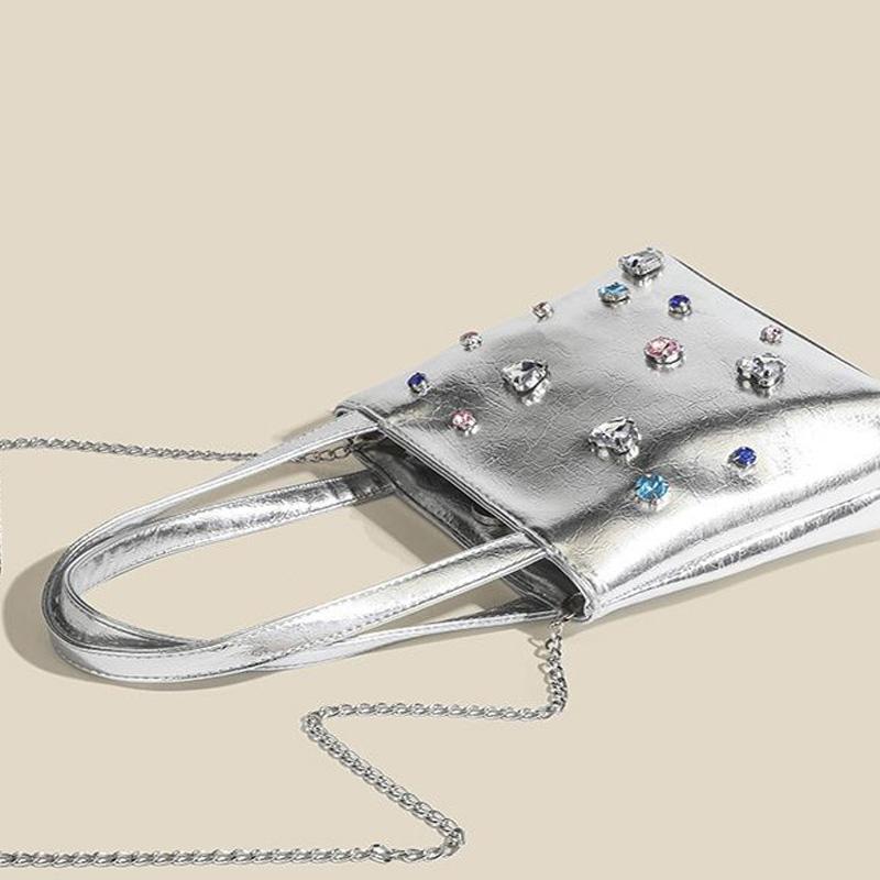 Geantă de mână cu stras pentru femei, geantă mică de argint cu fermoar, geantă de telefon mobil Retro Crossbody, geantă de mână PU, geantă de mână argintie, geantă de mână pentru telefon mobil