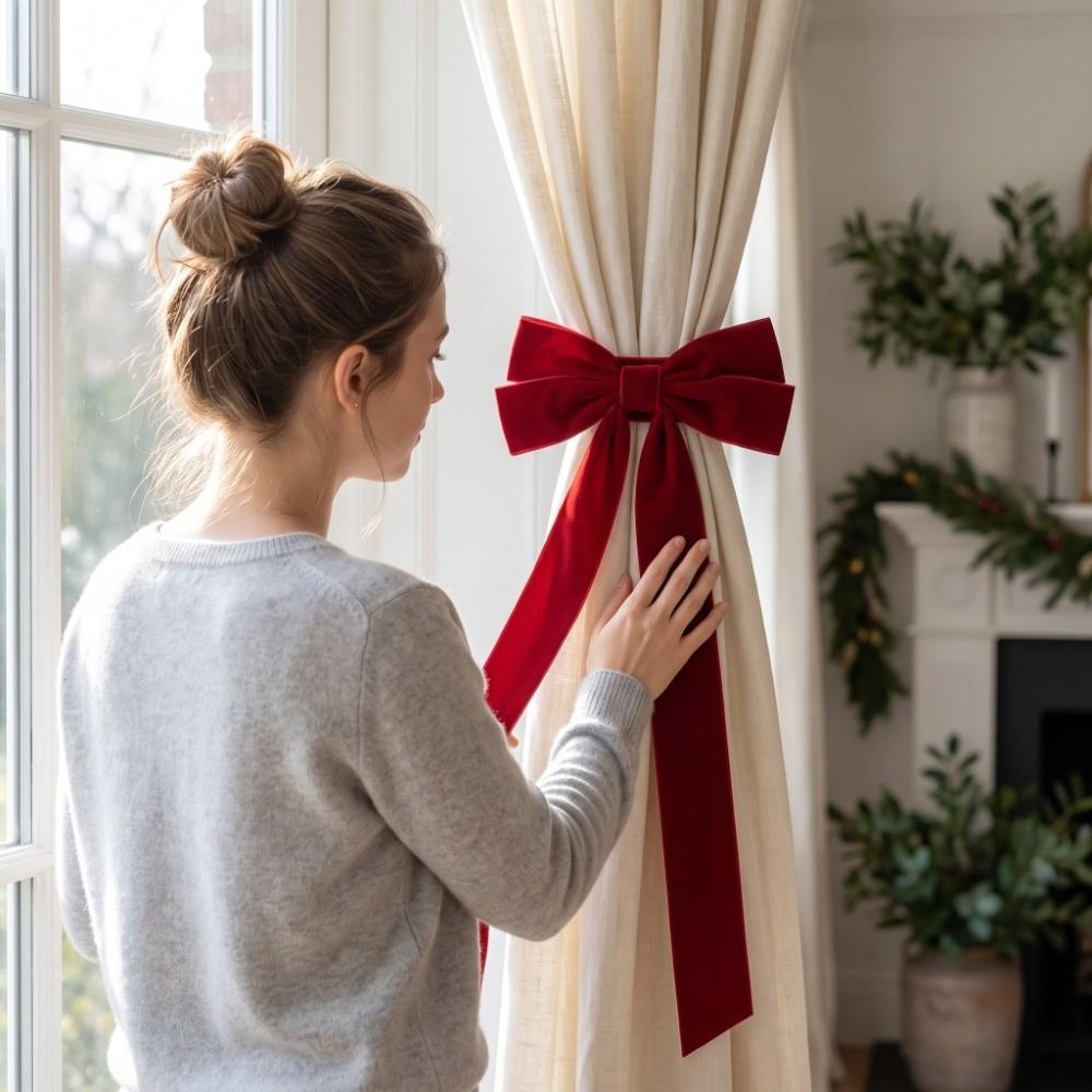 Bowknot Christmas Tree Curtain Tieback Adjustable Curtain Strap Red Bow Curtain Rope Office