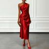 Women's One Shoulder Satin Prom Dress Summer Sleeveless Party Cocktail Midi Dress Ruched Bodycon Evening Wedding Guest Dress
