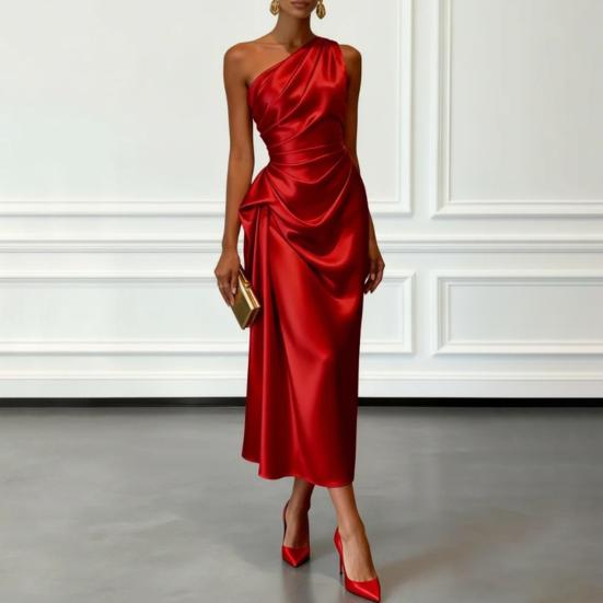 Women's One Shoulder Satin Prom Dress Summer Sleeveless Party Cocktail Midi Dress Ruched Bodycon Evening Wedding Guest Dress