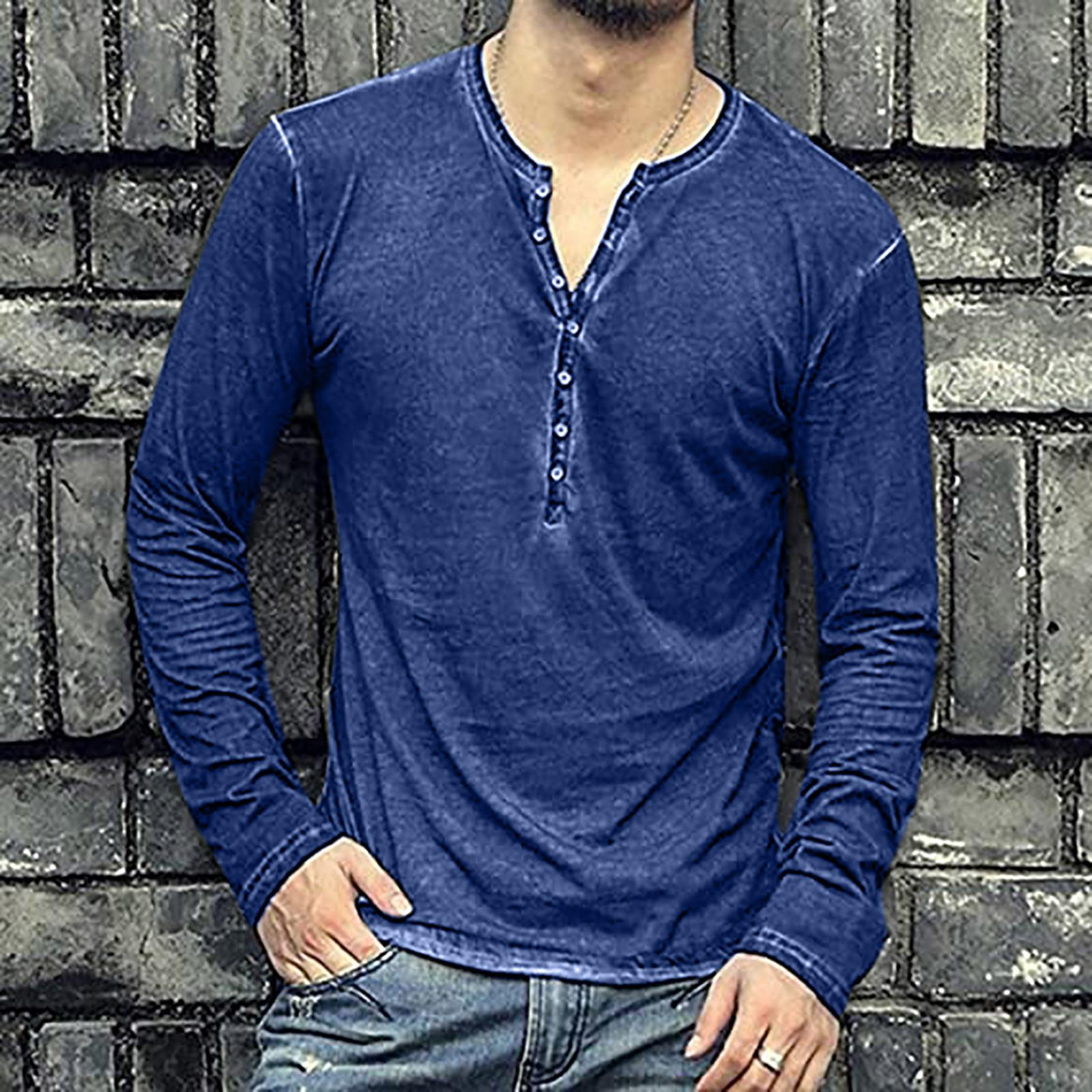 

Man V Neck Long Sleeve Shirts Button Slim for Shirt Leisure Color Top M синий
