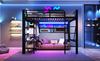 Loft Bed, 140 X 200 Cm, Iron Frame, Storage Compartment, Net for Hanging, Clothes Rail, Open Space Under Bed, LED Light Strip, Without Mattress, Black