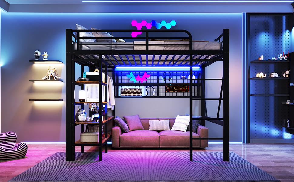 Loft Bed, 140 X 200 Cm, Iron Frame, Storage Compartment, Net for Hanging, Clothes Rail, Open Space Under Bed, LED Light Strip, Without Mattress, Black