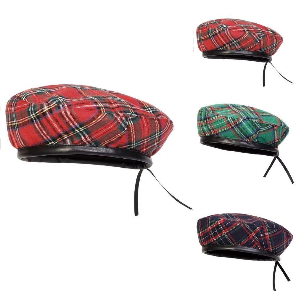 Y2K Tartan Plaid Beret Drawstring Artist Hat Fashion Newsboy Cap Autumn