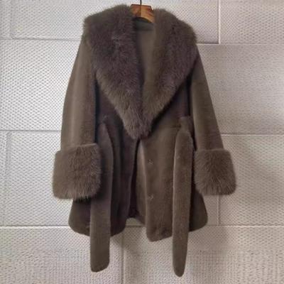 Solid Color Mid Length Artificial Fur Coat Women Winter Faux Fox Big Fur Collar Long Sleeve Parkas Fashion Outwear